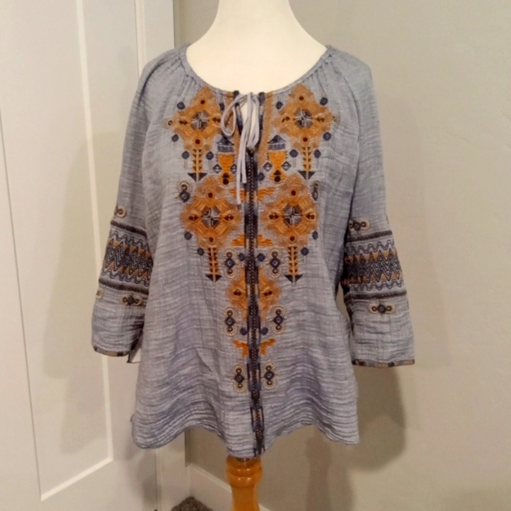 Johnny Was Cotton Gauze Blouse Top Embroidered Blue Tan sz Medium